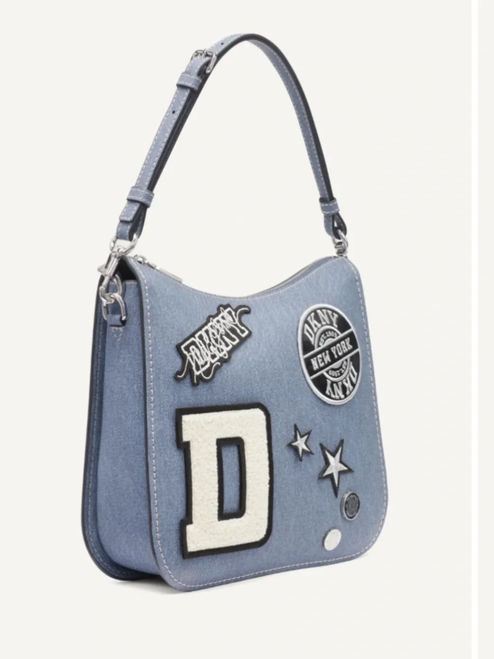 DKNY Denim Y2K Small Shoulder Bag w/ Varsity Logo Patch Like New